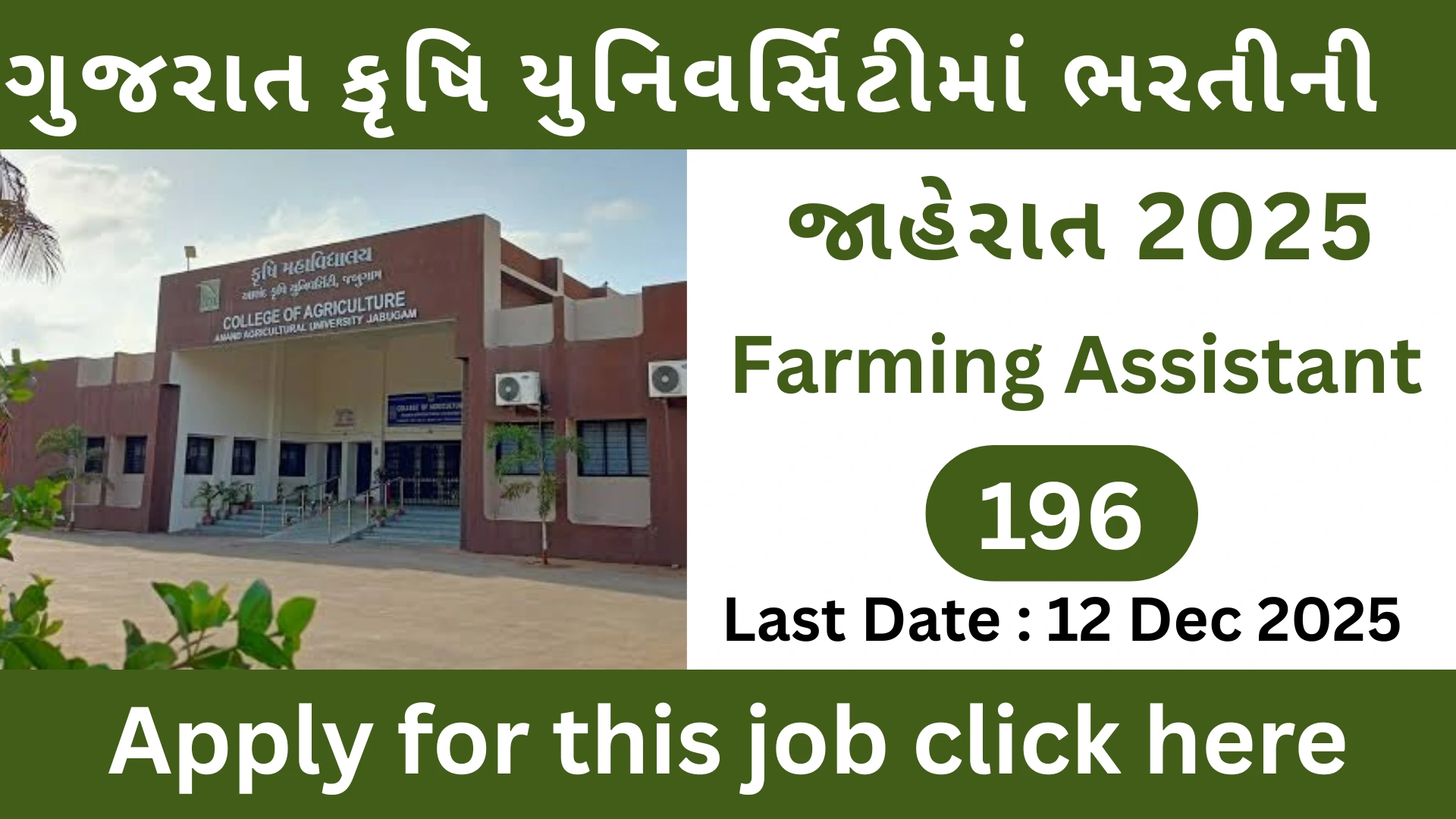 Gujarat Agricultural University Bharti 2025 Recruitment – Apply for 196 Farming Assistant Posts